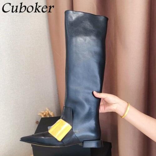 2021 Fashion Brand Over The Knee Long Boots Women Pointed Toe Square Metal Decor Female Personality Long Boots Women Mujer