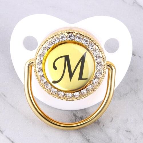 26 Golden Letters Luxury White Baby Pacifier With Rhinestones 0-12 Months Infant Newborn Silicone Dummy Soother Nipple