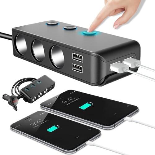 4 Port USB Port 3 Way Auto Car Cigarette Lighter Socket Splitter Charger Plug Adapter DC 5V 1A+2.1A for All Phone and PC Mp3