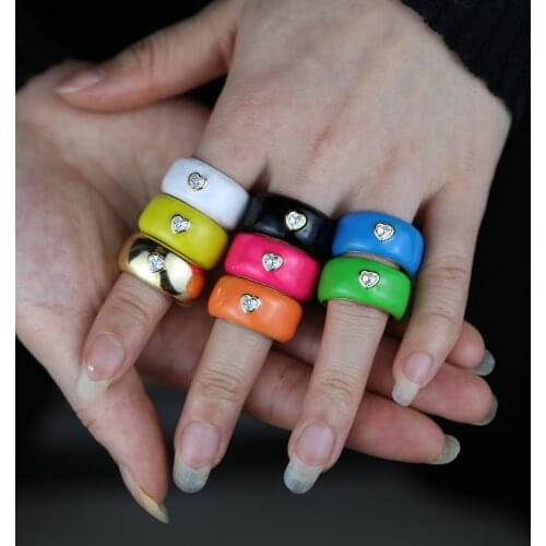 8 Colors 10mm Thick Band Candy Neon Enamel Heart CZ Wide Engagement Band Full Finger Ring