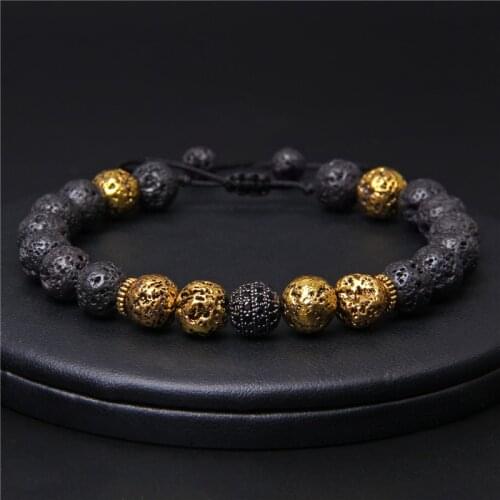 Vintage Natural Stone Black Volcanic Beads Braided Bracelet 8mm Electroplate Lava Beaded Woven Adjustable Bracelet Jewelry Men