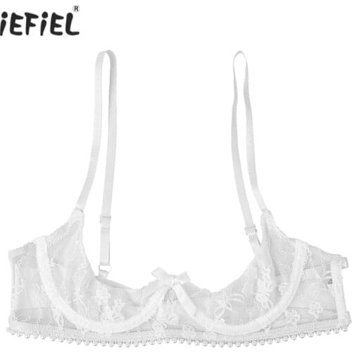 Sexy Womens Erotic See Through Sheer Lace Bra Top Lingerie Bras Adjustable Straps Pearl Trimmed Open Bra Top Bralette Nightwear