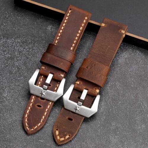 Handmade Brown Leather Watchba, 22 23MM Five-Pointed Star Buckle, Folded In Half, Retro Style, Suitable For Military Watch Wtrap