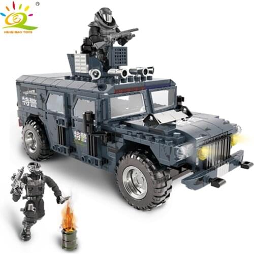 HUIQIBAO 618PCS WW2 Military Armored Personnel Truck Building Blocks SWAT Police Soldier Weapon Car Bricks Toys For Children