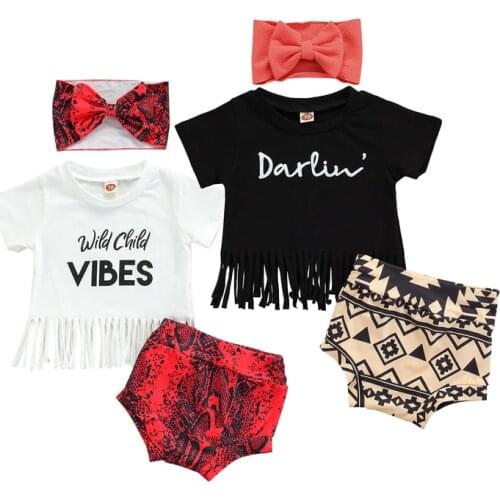 0-24M Newborn Baby Girls Cute Clothes Sets 3pcs Letter Short Sleeve Tassel T Shirts Snakeskin Printed Shorts Headband