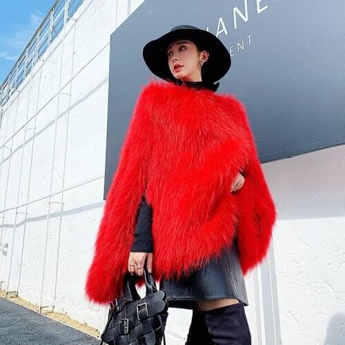 Fashion Raccoon Dog Fur Double Side Woven Coat High Quality Thick Warm Loose Red Women Cape New Winter 2020 War Robe