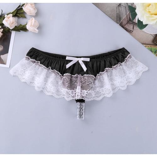 Mens Shiny Satin Lingerie Low Rise Elastic Waistband G-string Thongs Floral Lace Ruffled Frilly High Cut Panties Sissy Underwear