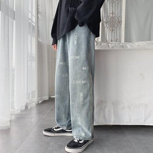 New Fashion Hip Hop Straight Jeans Mens Vintage Printed Wide Leg Denim Trousers Loose Casual Teens Boys Male Streetwear Pants