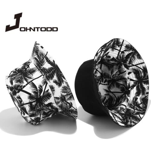 2021 New Double-side Unisex Harajuku Bucket Hat Women Outdoor Coconut Tree Embroidery Fisherman Fishing Sunscreen Cap Sun Hats