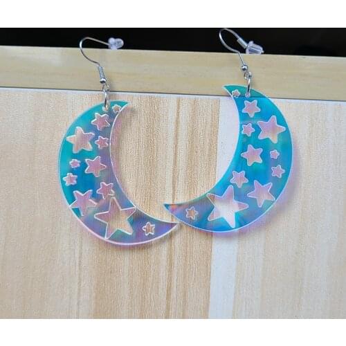 Iridescent Moon Earrings Crescent Stars Big Transparent Clear Celestial Cosmos Space Perspex Acrylic Statement