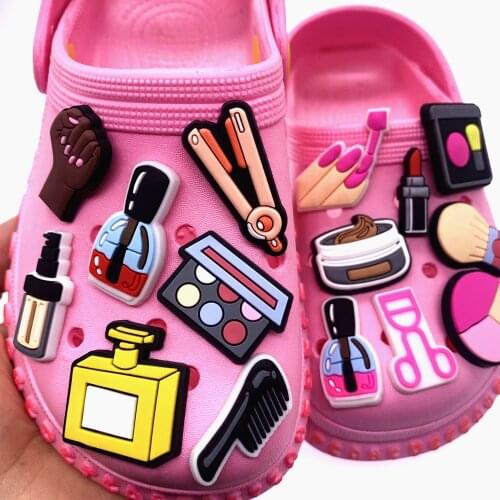 1PCS New Hot Selling Make Up Series Shoes Charms Cartoon Barber Equipment Silicone Button Accessories For BB Girls Gifts