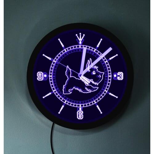 Scottie Dog LED Neon Effect Wall Clock Modern Design Scottish Terrier Luminous Wall Clock Pet Pupp With LED illumination