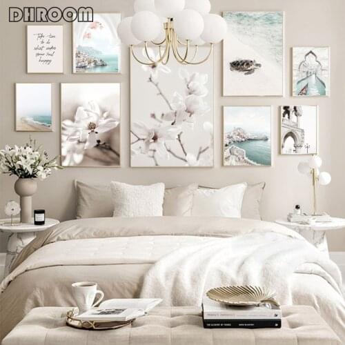 Romantic Blue Beach Posters Coast Canvas Painting Magnolia Flower Print Wall Picture Nature Theme Blue White Bedroom Decor