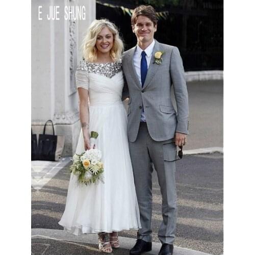 E JUE SHUNG Silver Sequins Ankle Length Chiffon Wedding Dresses Short Sleeves Zipper Back Bridal Gowns vestido de noiva