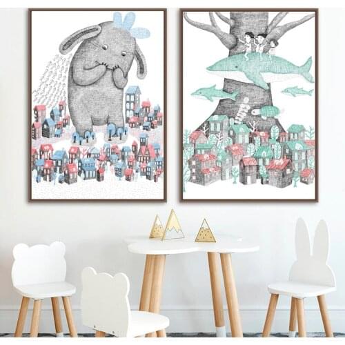 Fantasy Rabbit Whale Nordic Poster And Prints Wall Art Canvas Painting Wall Pictures For Kids Bedroom Baby Boy Girl Room Decor