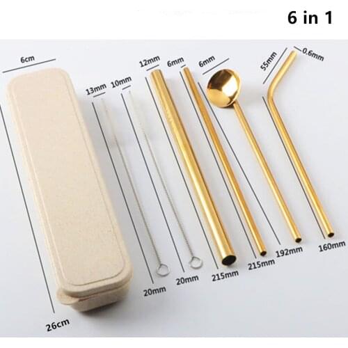 20sets/lot 6pcs/bag Stainless Steel Straws 3 Straws+1 Spoon Straw + 2 Brush Reusable Bar Drinking 6 in 1 Full Set In Box