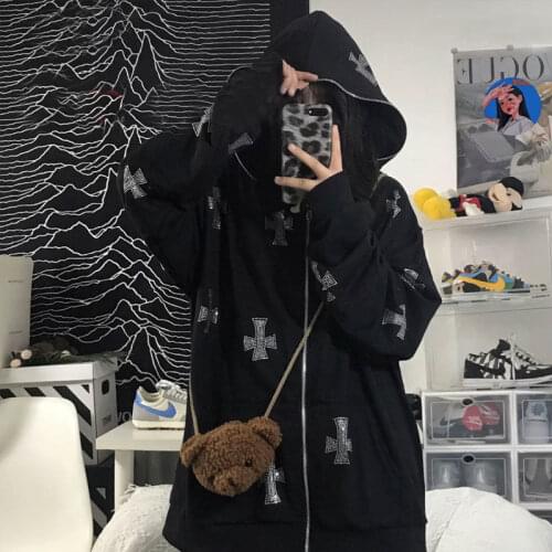 Hip Hop Sweatshirt Korean Fashion Punk Sport Coat Pullover spider Rhinestone Gothic Long Sleeve Zip Hoodie Y2k Sudaderas kpop