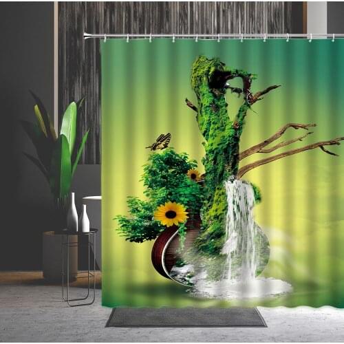 Waterproof Shower Curtains Sunflower Butterfly Green Leaf Creativity Plants Printed Machine Washable Bathroom Curtain With Hooks