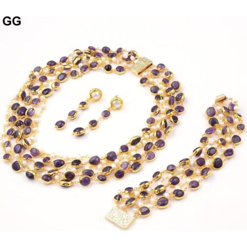 GuaiGuai Jewelry 5 Rows Natural Amethysts Freeform Electroplated Gold Edge Pearl Chain Necklace Earrings Bracelet Sets For Women
