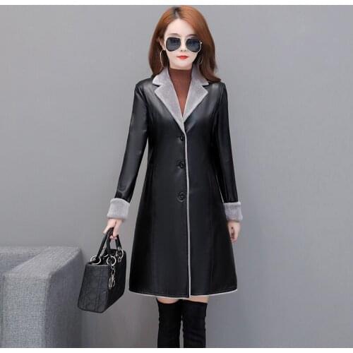 Women Winter Fur Lining Warm Soft Leather Long Jackets New Ladies Washed Pu Leather Single Breasted Trench Coat Female Outerwear