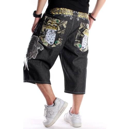 W30-W46 New Mens Jeans Embroidery Baggy Loose Denim HipHop Butterfly Streetwear Short 1/2 Pants Trousers Summer Oversize