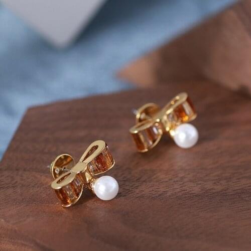 American little scent lady shining coloring crystal drill butterfly knot pearl earrings