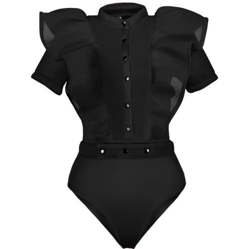 Women Ruffle Mesh Sexy Bodysuit Gothic Black Jumpsuits Short Female One Piece Lady Romper See Through White Red Goth Jumpsuit