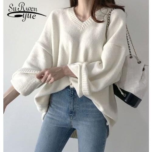 Plus Size V-neck Sweater 2021 Spring Autumn Winter Long Sleeve Women Knitted Sweater Pullover Solid Loose Female Jumper Knitwear