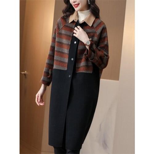 Fashion woolen coat women autumn and winter thickened Striped woolen coats for women FL1020713