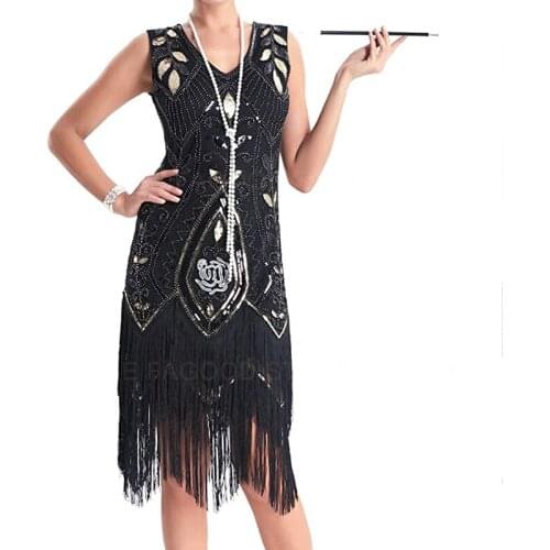 Art Deco 1920s Sequined Vintage Dress Beaded Gatsby with Sleeveless 20s FlapperCostume Long Fringed Dress for Women
