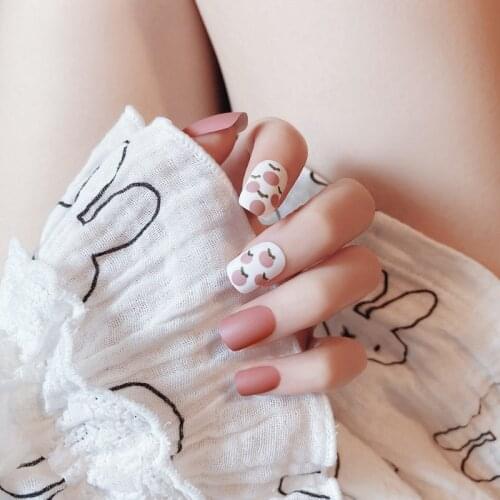 24pcs/box Sweet Color Frosted Matte press on nails Fairy Girl Wearable Full Cover Finger Fake Nails Fruit Decor Short round Head