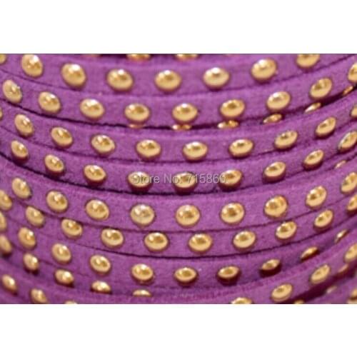 Free Ship 100 Meters Purple 5 x1.5mm w/ Gold Rivet Accents Microfiber Flat Faux Suede LeatherLace Cord For DIYJewelry