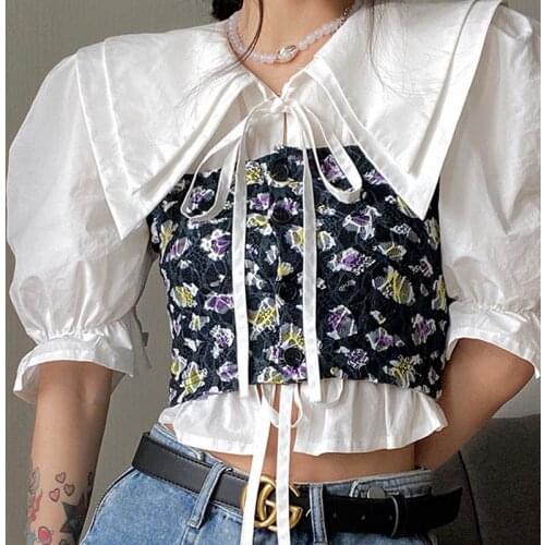 Summer Elegant Floral Blouse Women Kawaii Vintage Sweet Casual Puff Sleeve Blouse Female Chic Two Piece Suit Party Blouse 2021