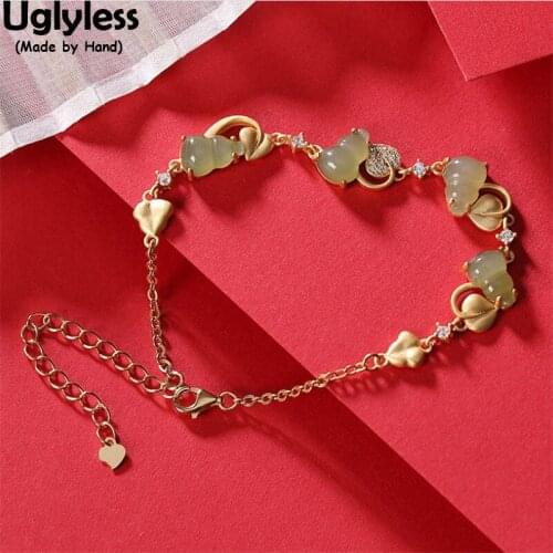 Uglyless 4 Gourds Vines Bracelets for Women Natural Jade Charm Bracelets Gold 925 Silver Leaves Ethnic Dress Jewelry Zircons