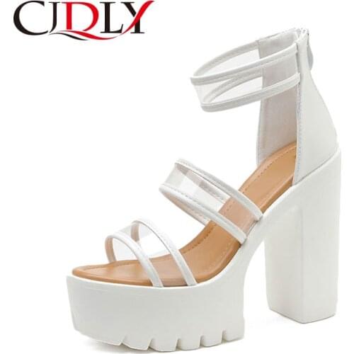 CJDLY PVC Ankle Strap Summer Fashion white Women Sandals Open Toe Platform Shoes High Thick Heels Female Unique Party Shoes