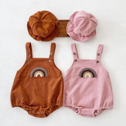 Toddler Boys Girls Rainbow Sling Bodysuit Infant Baby Cotton Sleeveless Corduroy Jumpsuit+Hat Kids Baby Overalls Sling Clothes