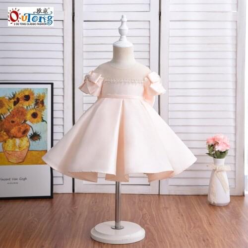 Outong 2021 New Model Girls Party Dresses Kids Princess Shoulder Bow Beading Mesh Summer Girl Dresses Cute Baby Girl Clothes