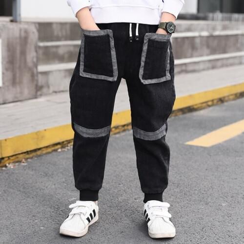Kids Pants Baby Boys Jeans Harem Denim Pants Black Grey Front Pocket Jeans Boy Babe Infant Childrens Clothes 3 6 8 10 12 Years