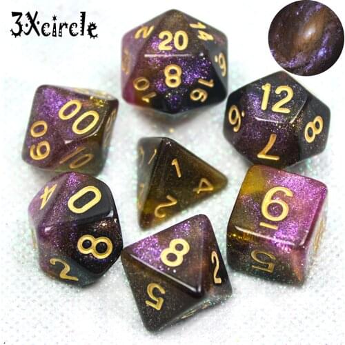 Galaxy DND Dice 7Pieces, Glitter Sparkle Cosmic Purple Pink Mixed Polyhedral for RPG Table Game Dices