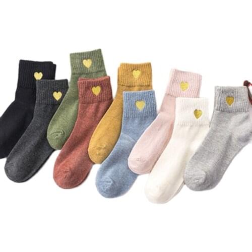 Women Casual Embroidered Heart Cotton Middle Tube Socks Colorful Cute Love Print Female Girls Street Socks