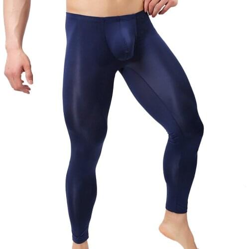 Men Long Johns Ultra-thin Ice Silk Underwear Sexy Penis Pouch Underpants Mens Legging Underwear Sleepwear Sleep Bottoms