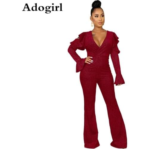 Wrap V Neck Ruffles Slim Jumpsuit Cold Shouler Hollow Out Wide Pants Women Romper Long Flare Sleeve Women Office Lady Outfits