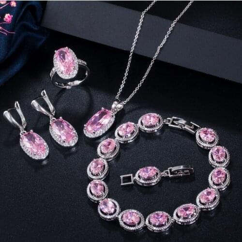Trendy Silver 925 Jewelry Set Wedding Gift Wholesale Pink Zircon Gemstone Neckalce/Earrings/Ring/Bracelet Set for Women