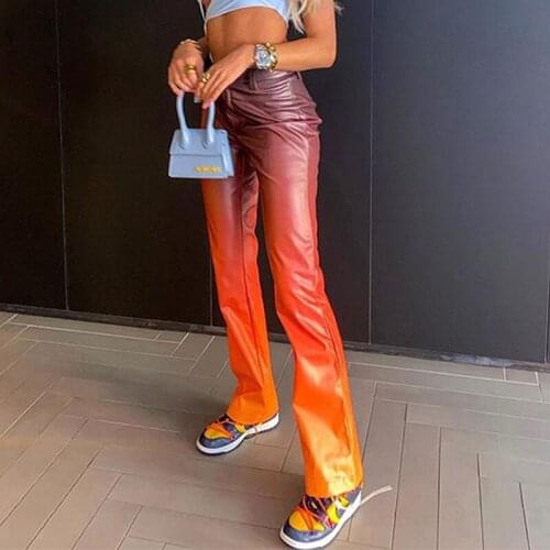 Leather Pants Gradient Colour Y2k Vintage Straight Trouser Women Clothing 2021 Korean Fashion Ins Elegant Streetwear Capri Pants