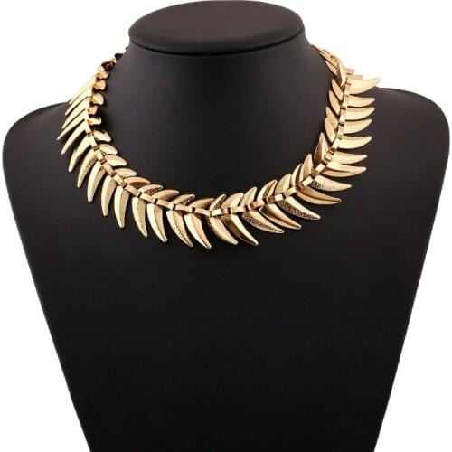 Cool Lady Jewelry Accessories Classic Gold&Silver Color Alloy Fishbone Shape Pendant Choker Necklace for Holiday Party