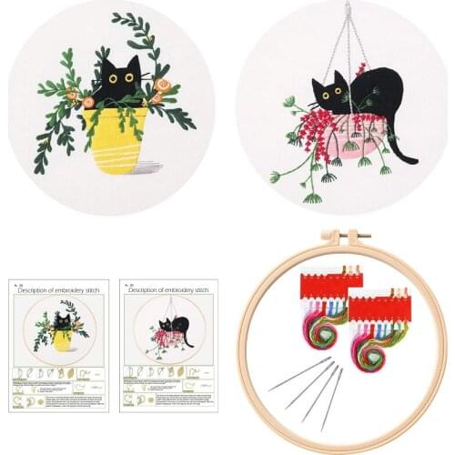2 Pack Naughty Cat Embroidery Kit for Beginners, Gift Embroidery Starter Kits, Contains all Embroidery Tools, English Manual