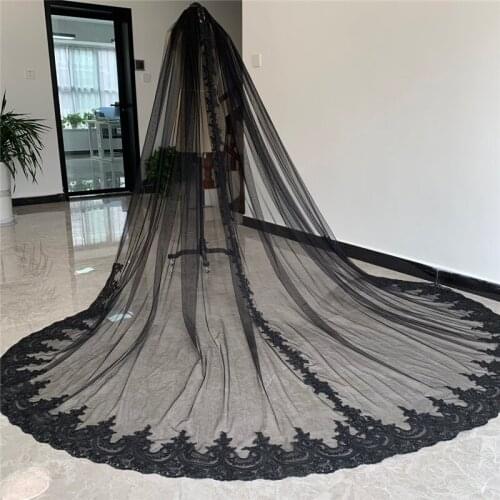 One Layer Black Bridal Veil Cathedral Long With Comb Wedding Accessories Tulle Veils for Bride Velos de Novia Lace Applique 3 5m