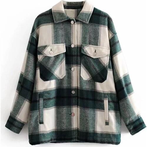 2020 Autumn Winter Plaid Shirt Women Blue Long Coat Jacket Pocket Casual Warm Tops Female Fashion Outwear Overcoat