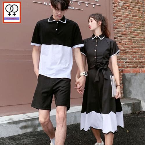 2020 Design Matching Couple Clothes Lovers Valentines Date Wear Boyfriend Girlfriends Black Long Button Shirt Dress 3004