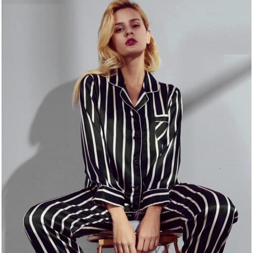 100% Mulberry Silk Pajamas Women Striped Printing Spring And Autumn Two-piece Long-sleeved 2020 Autumn Home Service